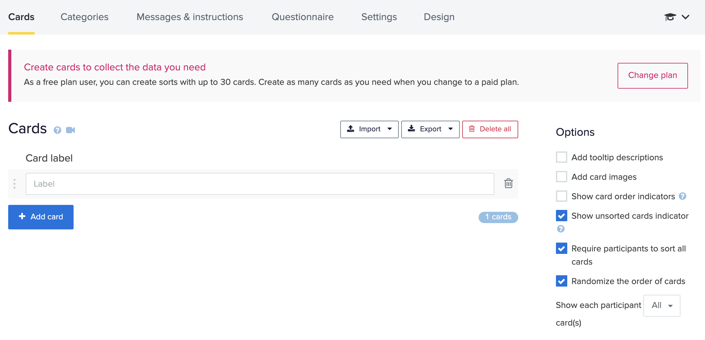 Screenshot of the Create Cards screen