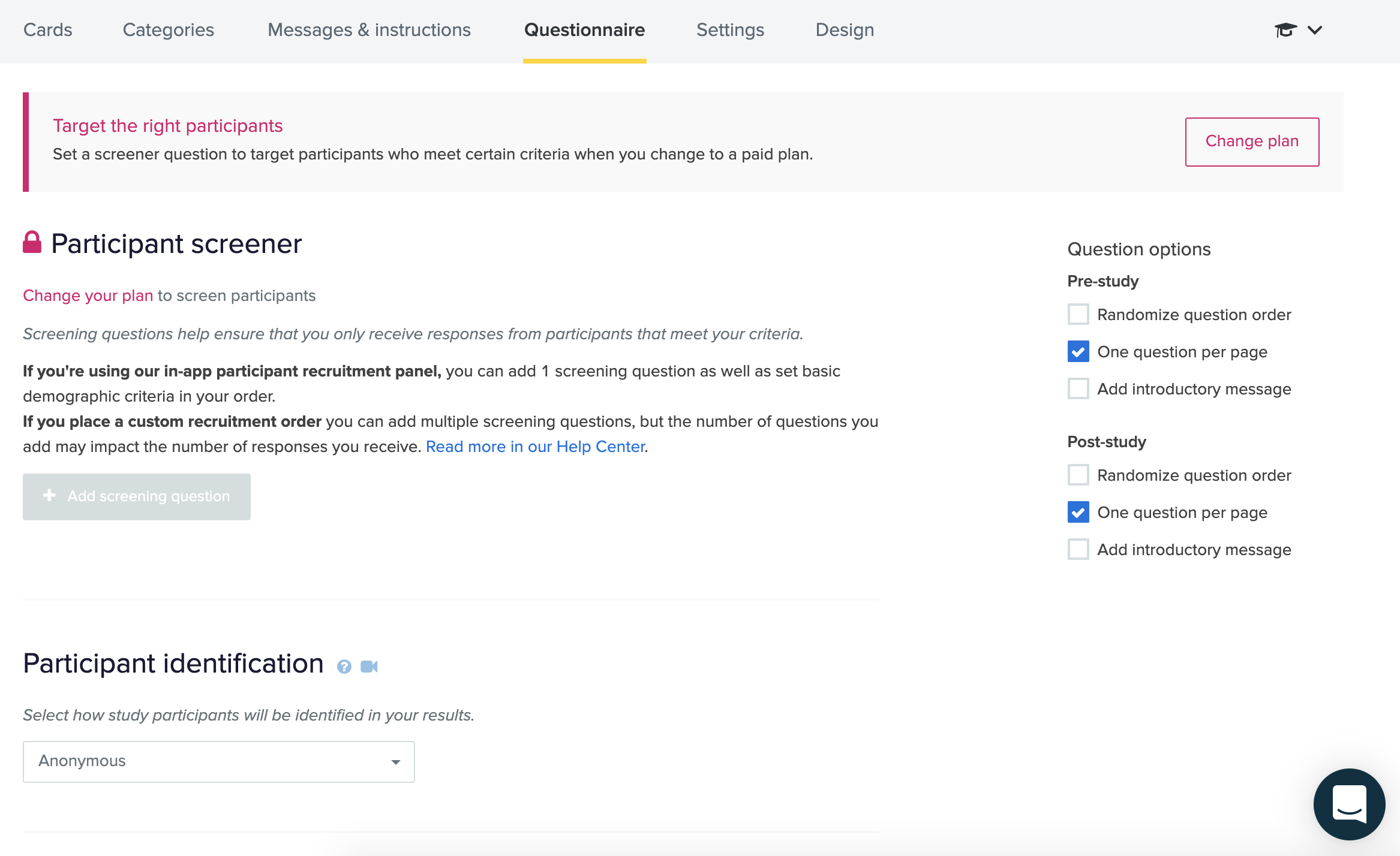 Screenshot of Questionnaire screen